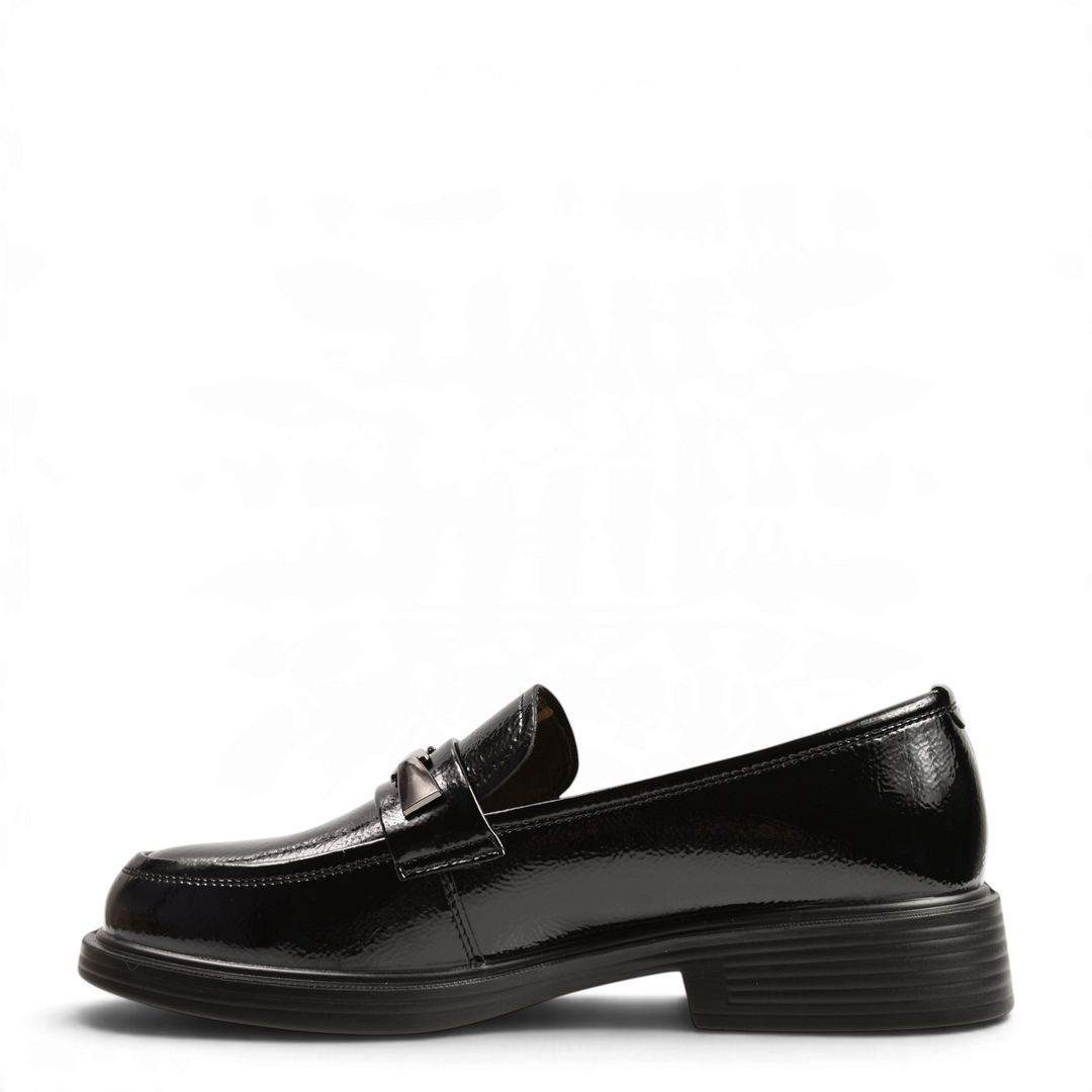 ada-shoes.ro Anna Viotti black patent leather loafers with a metallic detail and a flexible urban sole, side view.