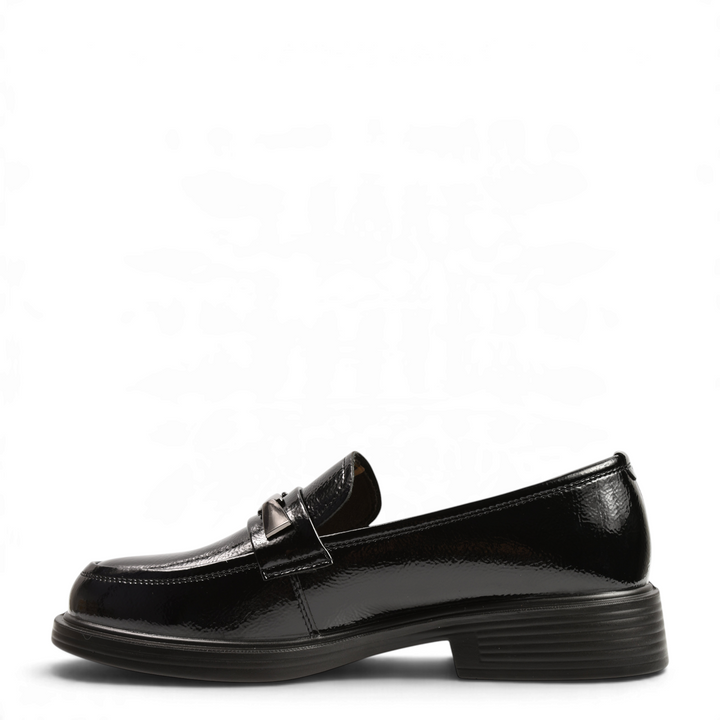 ada-shoes.ro Anna Viotti black patent leather loafers with a metallic detail and a flexible urban sole, side view.