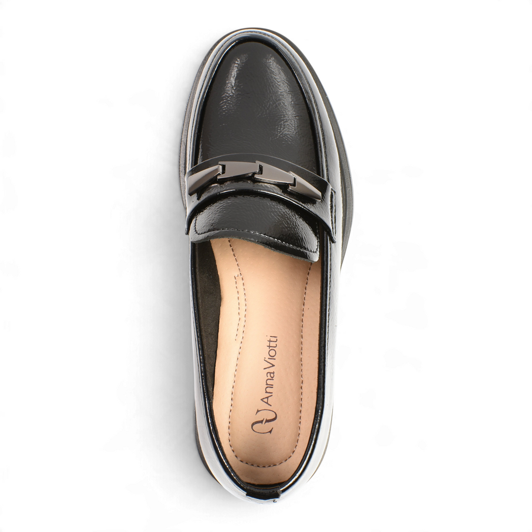 ada-shoes.ro Anna Viotti black patent leather loafers with a metallic detail on the strap, top-down view.