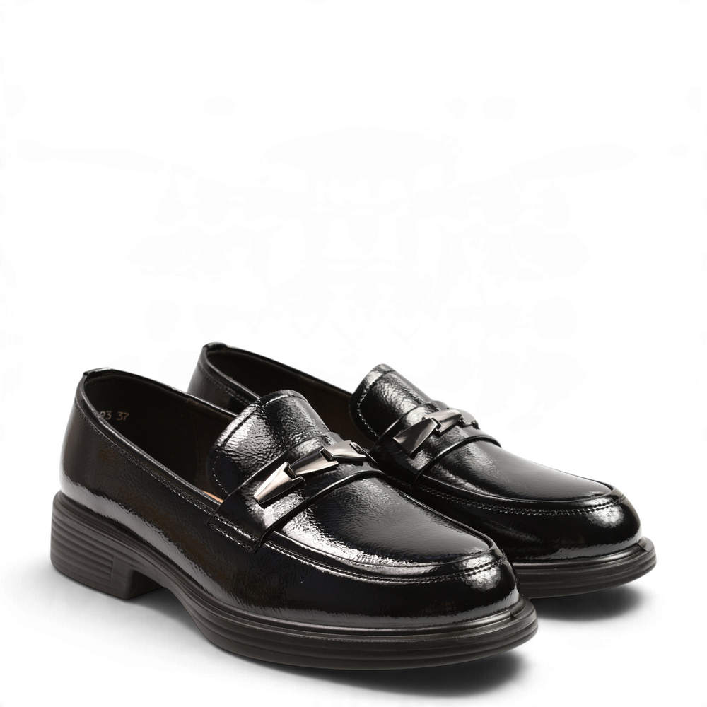 ada-shoes.ro Anna Viotti black patent leather loafers with metallic detail and flexible urban sole
