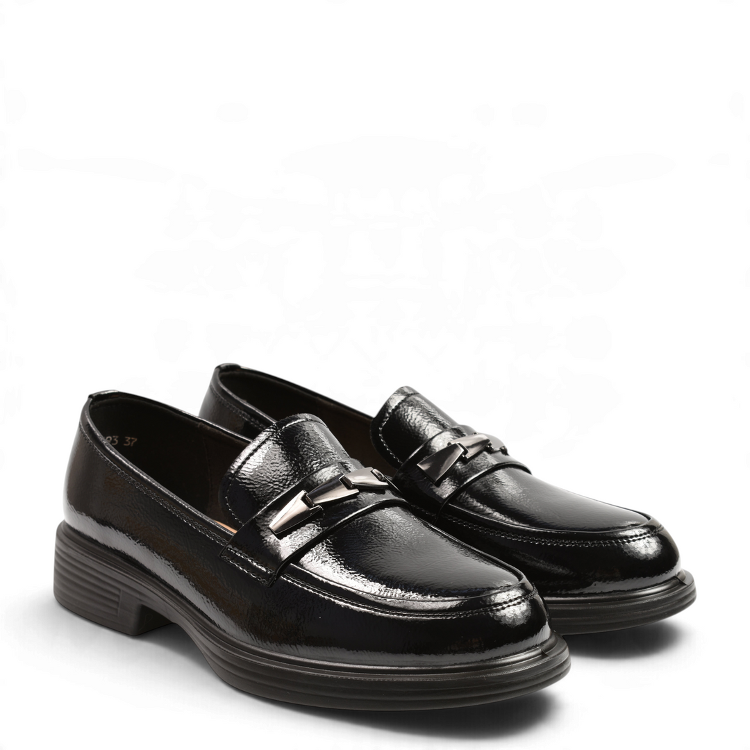 ada-shoes.ro Anna Viotti black patent leather loafers with metallic detail and flexible urban sole