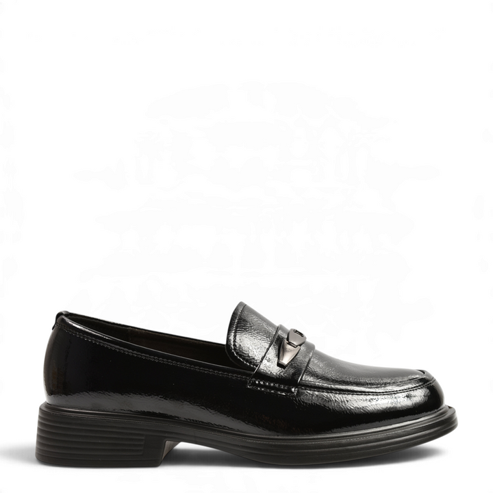 ada-shoes.ro Anna Viotti black patent leather loafers with a metallic detail and a comfortable flexible sole