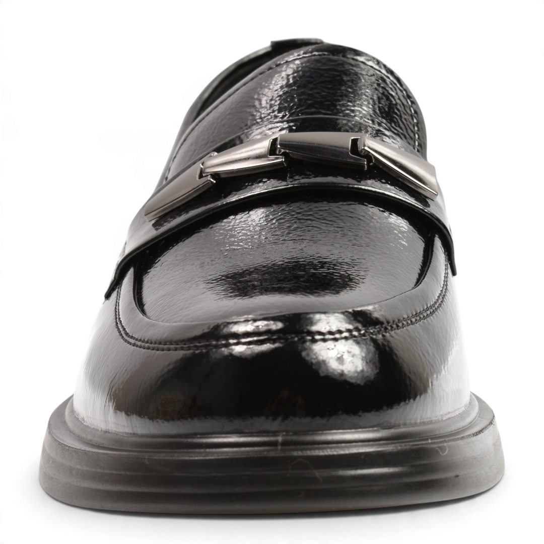 ada-shoes.ro Anna Viotti black patent leather loafers with a stylish metallic detail on the front strap