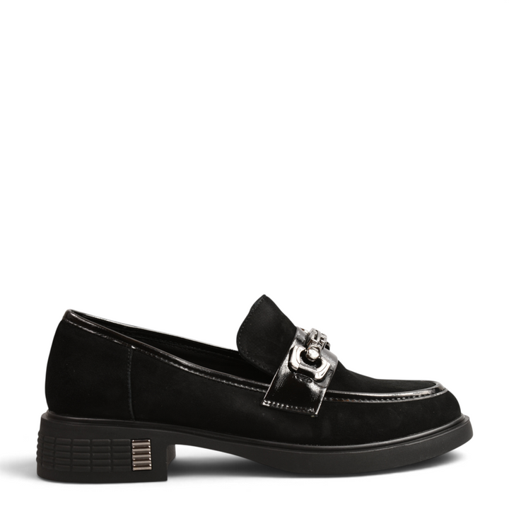 ada-shoes.ro Anna Viotti black suede loafers with patent leather trim, silver buckle, and structured low heel