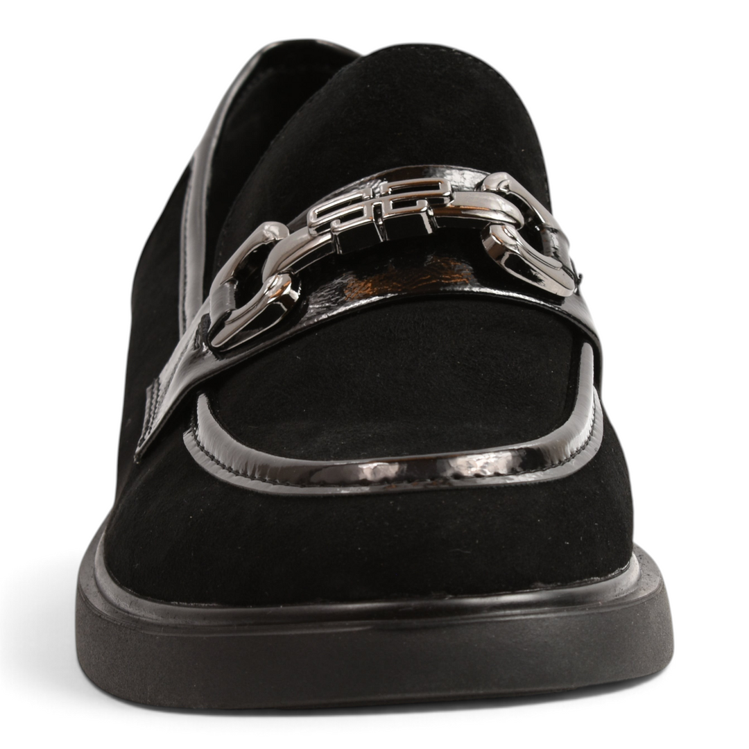 ada-shoes.ro Anna Viotti black suede loafers with patent leather trim and silver metal buckle detail