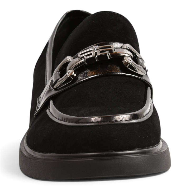 ada-shoes.ro Anna Viotti black suede loafers with patent leather trim and silver metal buckle detail