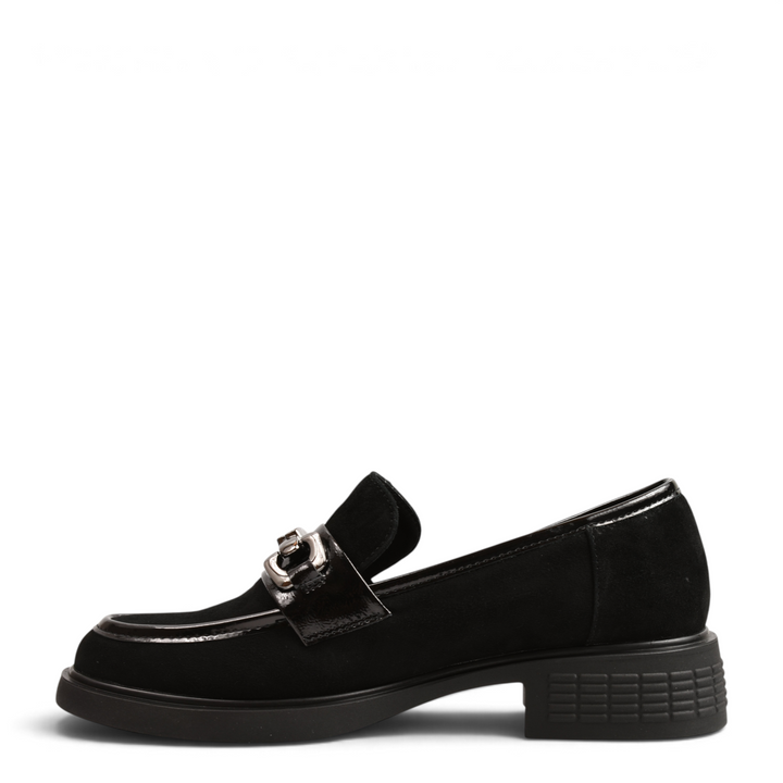 ada-shoes.ro Anna Viotti black suede loafers with patent leather trim and silver buckle detail