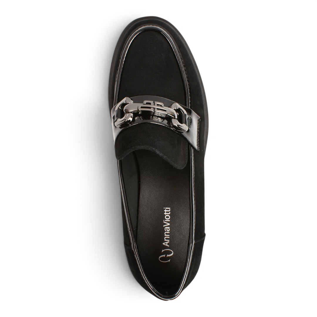 ada-shoes.ro Anna Viotti black suede loafers with patent leather trim and silver metal buckle detail