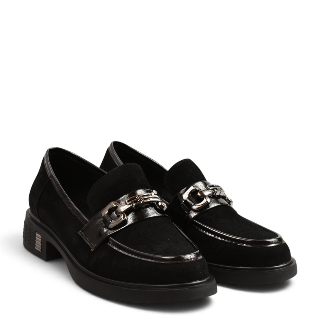 ada-shoes.ro black suede loafers with patent leather trim, silver buckle, and structured low heel for women.