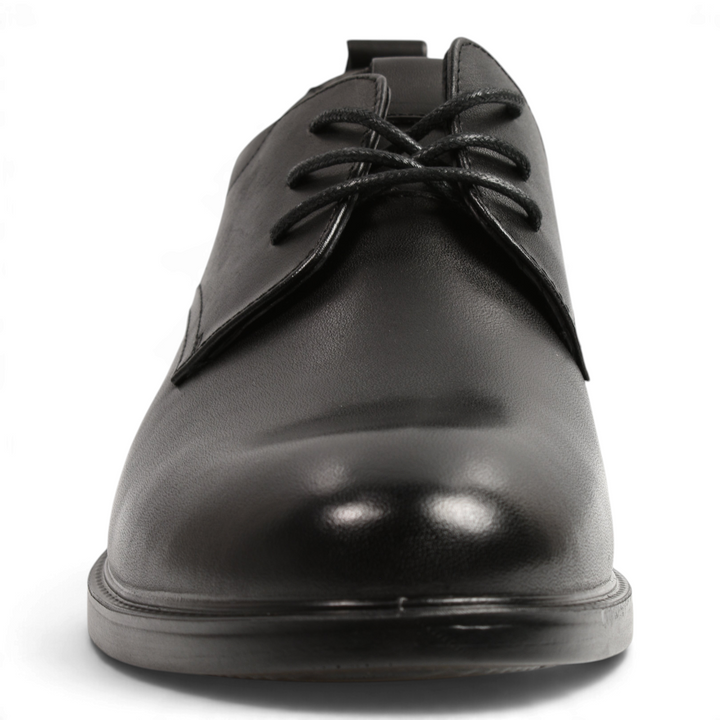 Front view of black leather Derby shoes by ada-shoes.ro with a rounded toe, thin laces, and a pull tab.