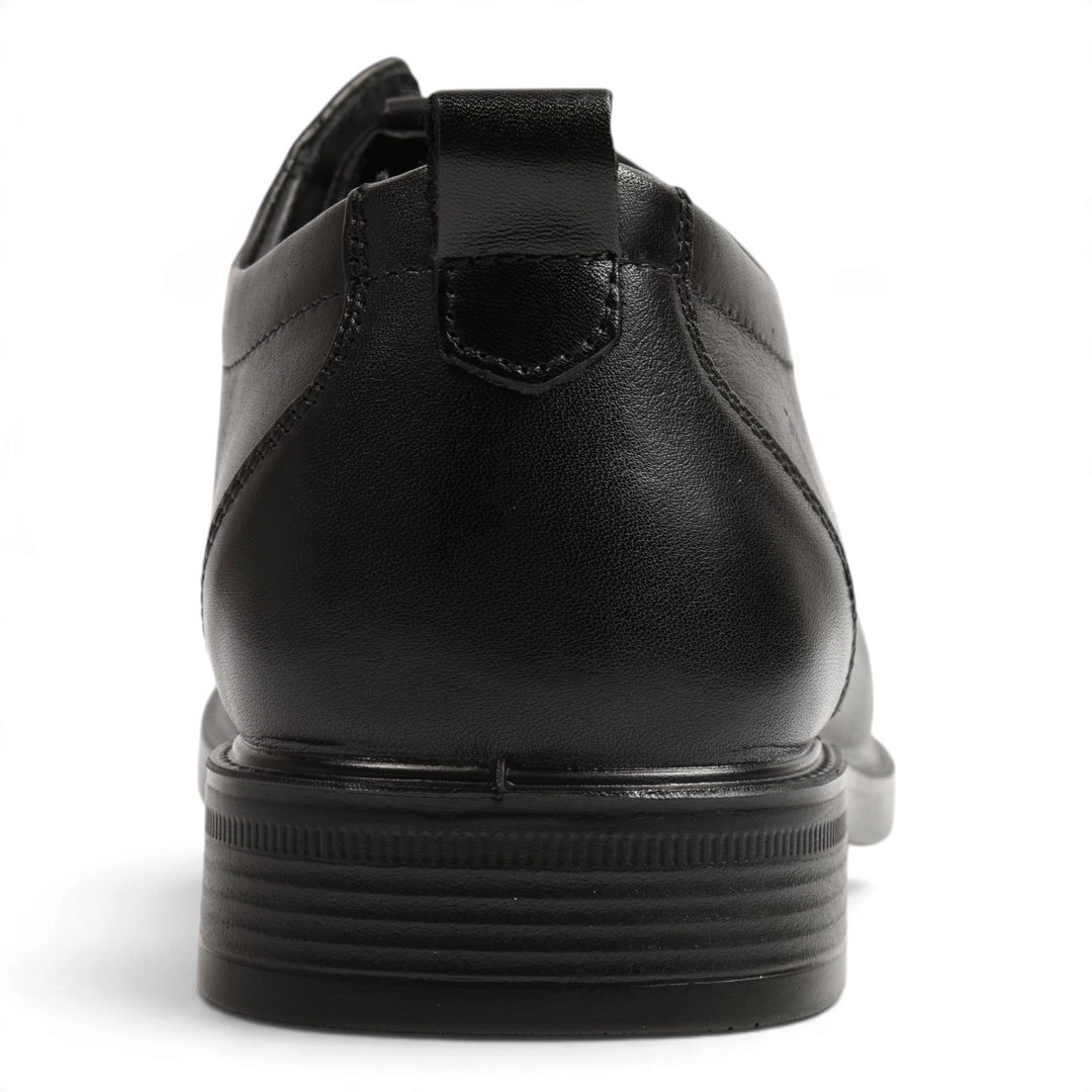Rear view of black leather Otter Derby shoes with a pull tab and textured sole from ada-shoes.ro