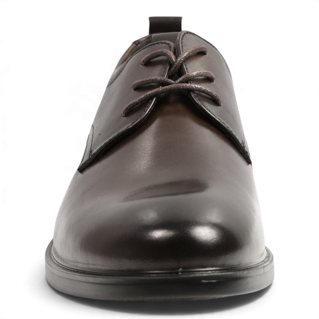 Front view of brown leather Derby shoes by ada-shoes.ro with lace-up closure and a pull tab at the heel.