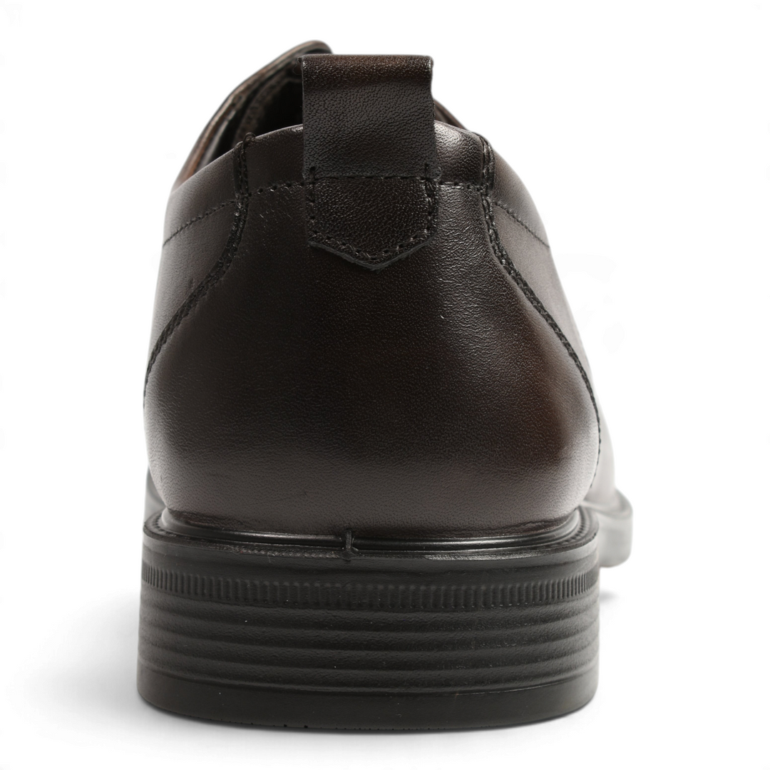 Back view of dark brown leather Otter Derby shoes with a pull tab and flexible sole from ada-shoes.ro