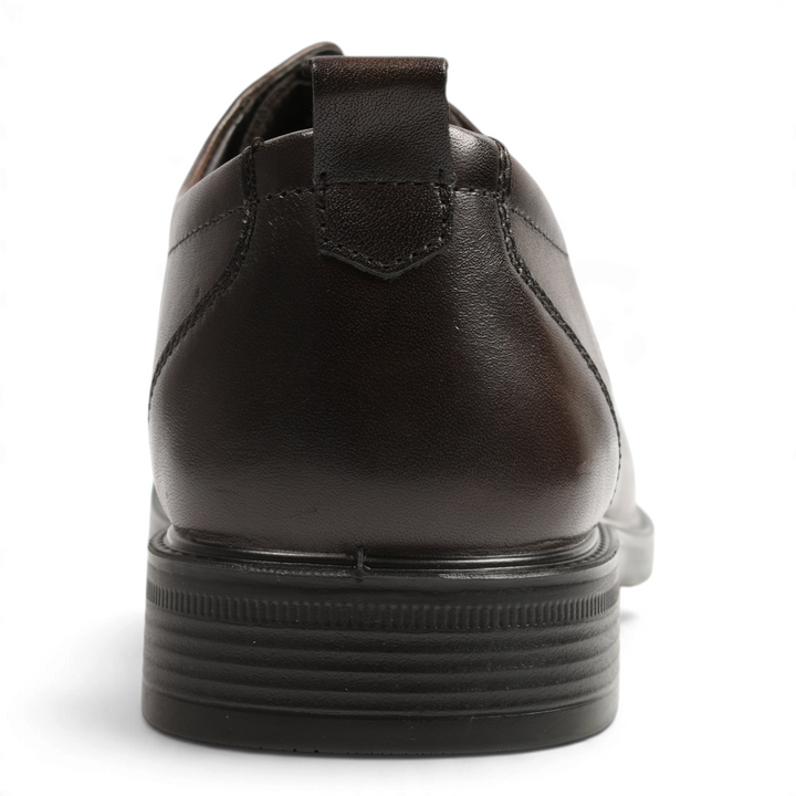 Back view of dark brown leather Otter Derby shoes with a pull tab and flexible sole from ada-shoes.ro