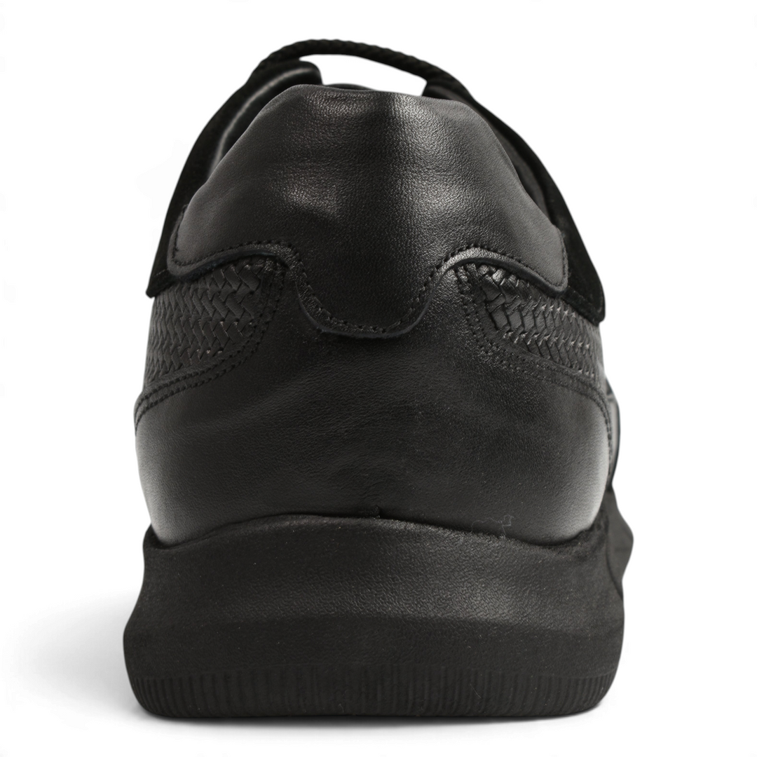 Rear view of black leather Otter casual shoes with textured side panels and cushioned sole from ada-shoes.ro