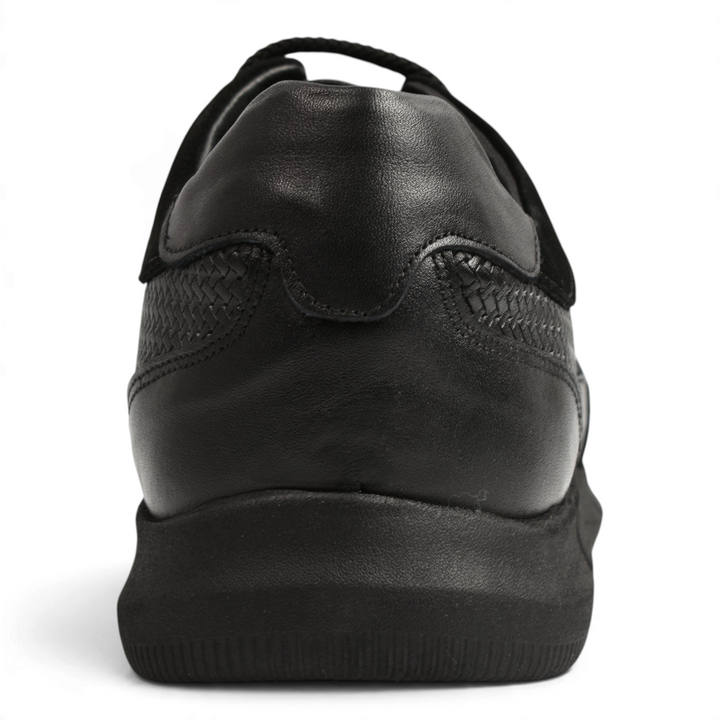 Rear view of black leather Otter casual shoes with textured side panels and cushioned sole from ada-shoes.ro
