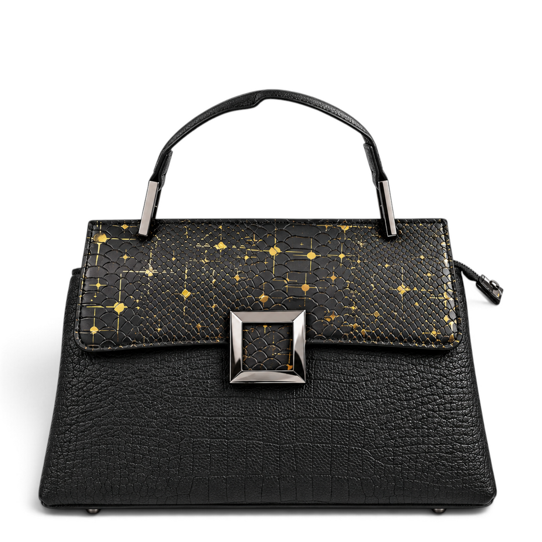 ada-shoes.ro Epica black leather handbag with snake print flap, gold accents, and gunmetal square buckle.