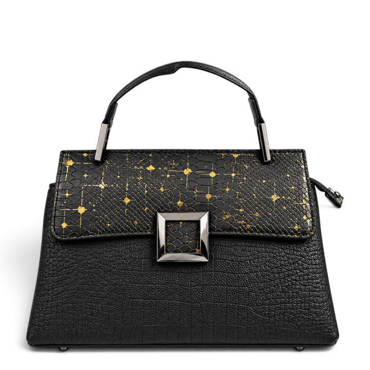 ada-shoes.ro Epica black leather handbag with snake print flap, gold accents, and gunmetal square buckle.
