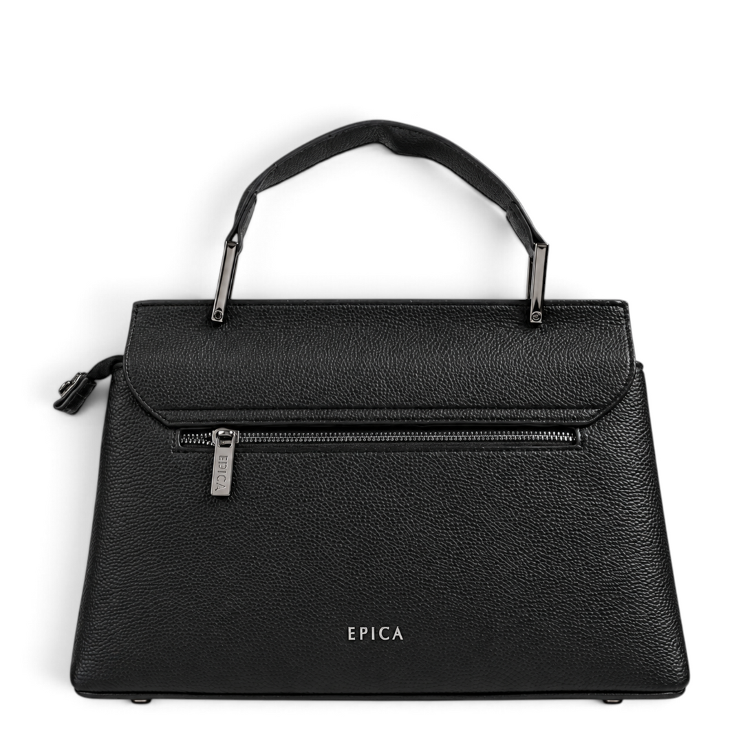 ada-shoes.ro Epica black leather handbag with a structured design, top handle, and rear zippered pocket.