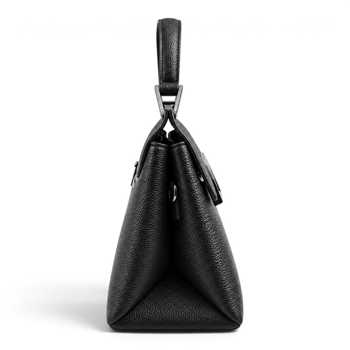 Side view of a black structured leather handbag from ada-shoes.ro with a top handle and gunmetal hardware.