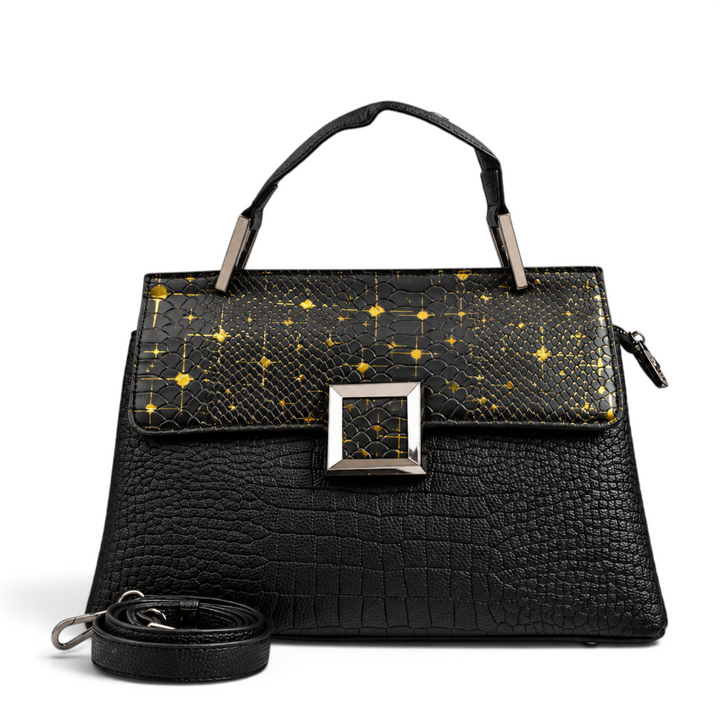 ada-shoes.ro Epica black leather handbag with snake print flap, gold star accents, and gunmetal square buckle.