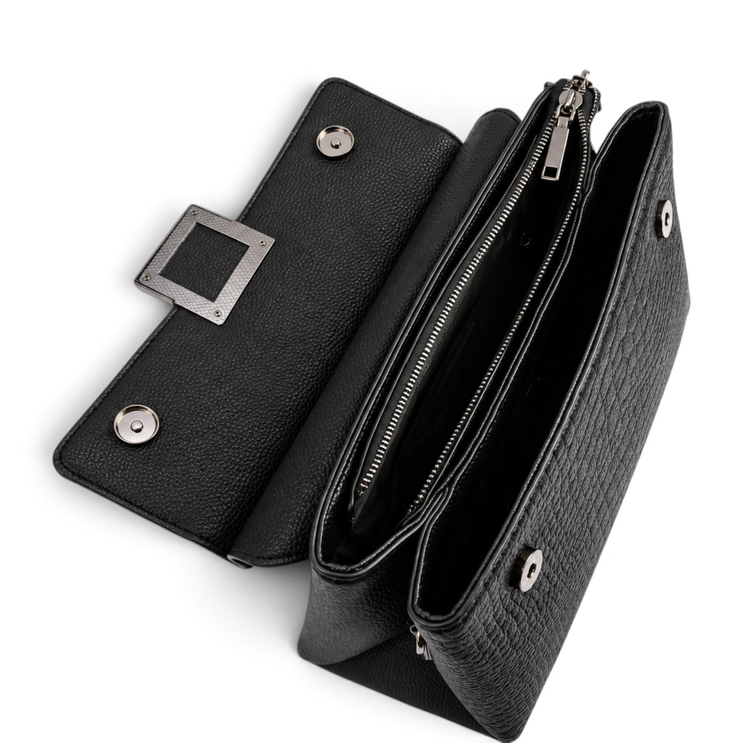 ada-shoes.ro Epica black leather handbag with open compartments, gunmetal buckle, and snake print flap detail