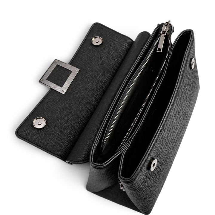 ada-shoes.ro Epica black leather handbag with open compartments, gunmetal buckle, and snake print flap detail