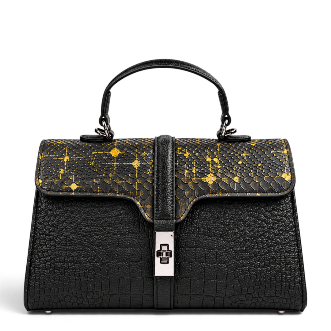 ada-shoes.ro Epica black leather handbag with snake print flap, gold accents, and gunmetal twist lock closure