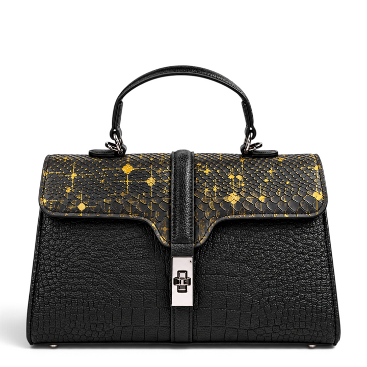 ada-shoes.ro Epica black leather handbag with snake print flap, gold accents, and gunmetal twist lock closure