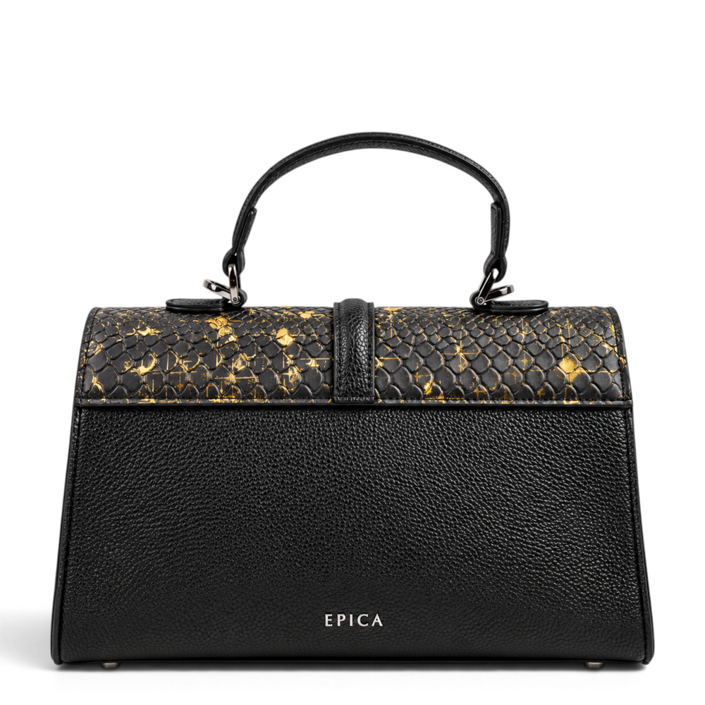 ada-shoes.ro Epica black leather handbag with snake print flap and gold accents, featuring a structured trapezoid shape