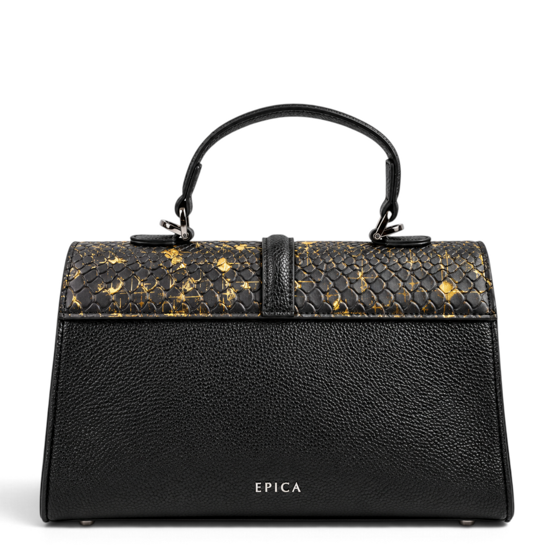 ada-shoes.ro Epica black leather handbag with snake print flap and gold accents, featuring a structured trapezoid shape