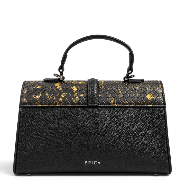 ada-shoes.ro Epica black leather handbag with snake print flap and gold accents, featuring a structured trapezoid shape