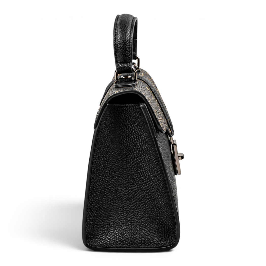 ada-shoes.ro Epica black leather handbag with snake print flap and gunmetal hardware, side view