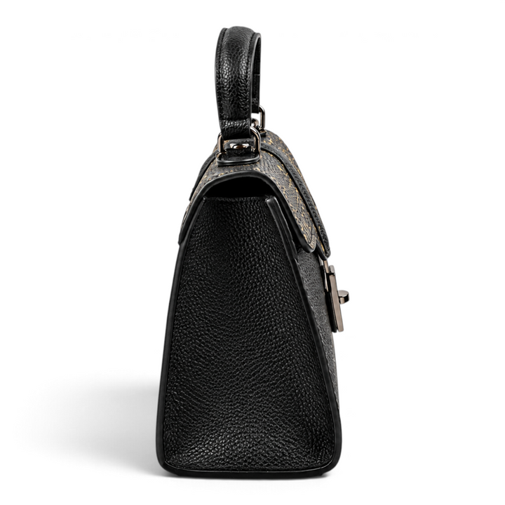 ada-shoes.ro Epica black leather handbag with snake print flap and gunmetal hardware, side view