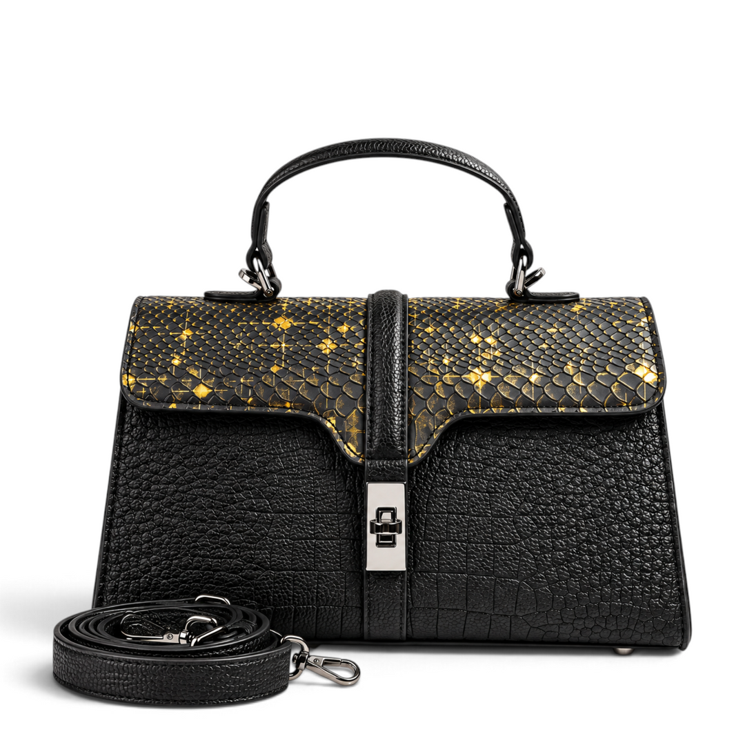 ada-shoes.ro Epica black leather handbag with snake print flap, gold accents, and detachable shoulder strap