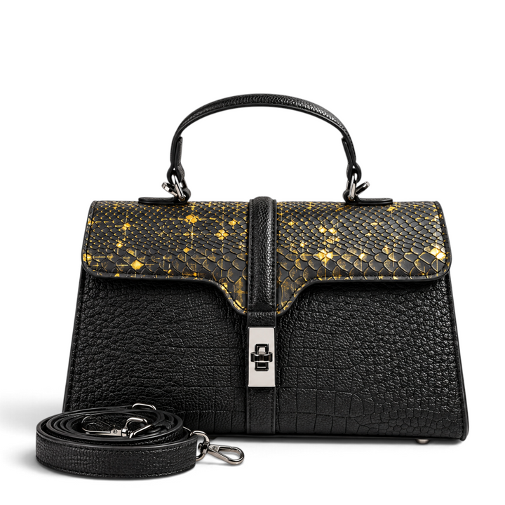 ada-shoes.ro Epica black leather handbag with snake print flap, gold accents, and detachable shoulder strap