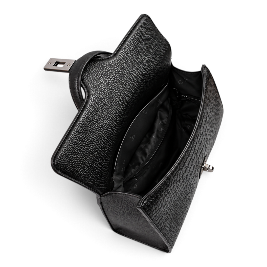 ada-shoes.ro Epica black leather handbag with snake print flap and gunmetal hardware, open view