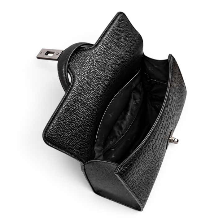 ada-shoes.ro Epica black leather handbag with snake print flap and gunmetal hardware, open view