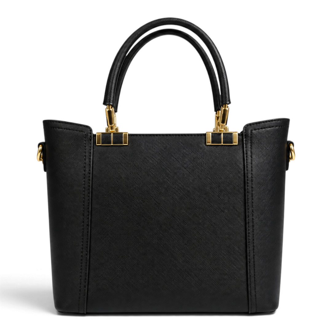 ada-shoes.ro Epica black saffiano faux leather handbag with gold metal hardware and rounded top handles