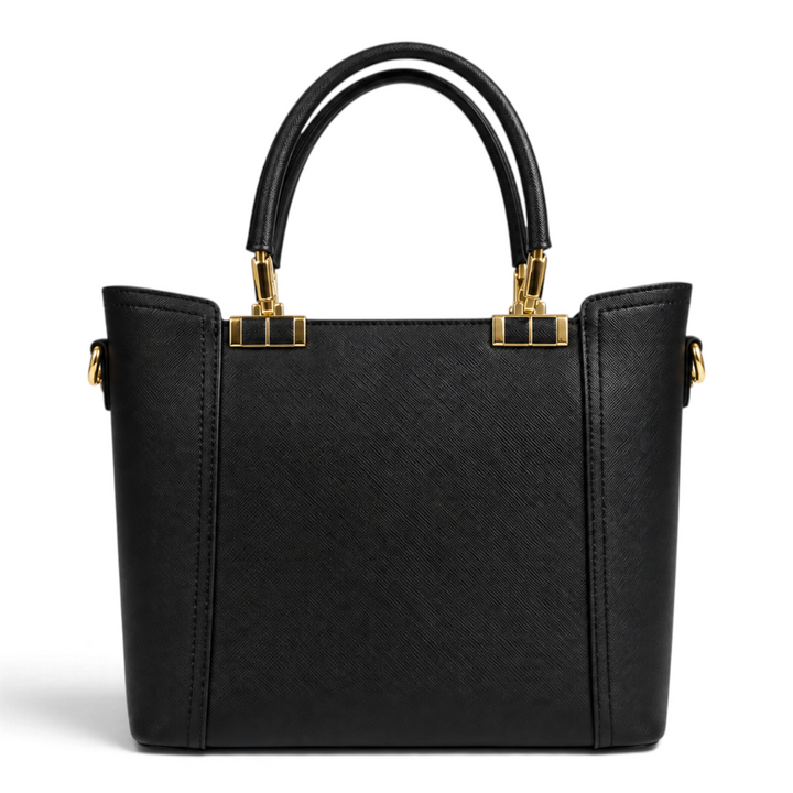 ada-shoes.ro Epica black saffiano faux leather handbag with gold metal hardware and rounded top handles