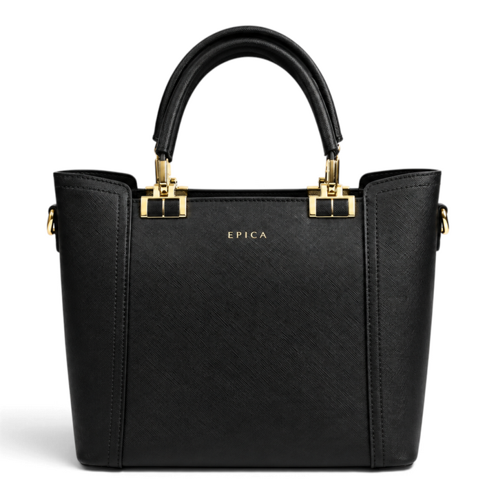 ada-shoes.ro Epica black saffiano faux leather handbag with gold metal hardware and top handles