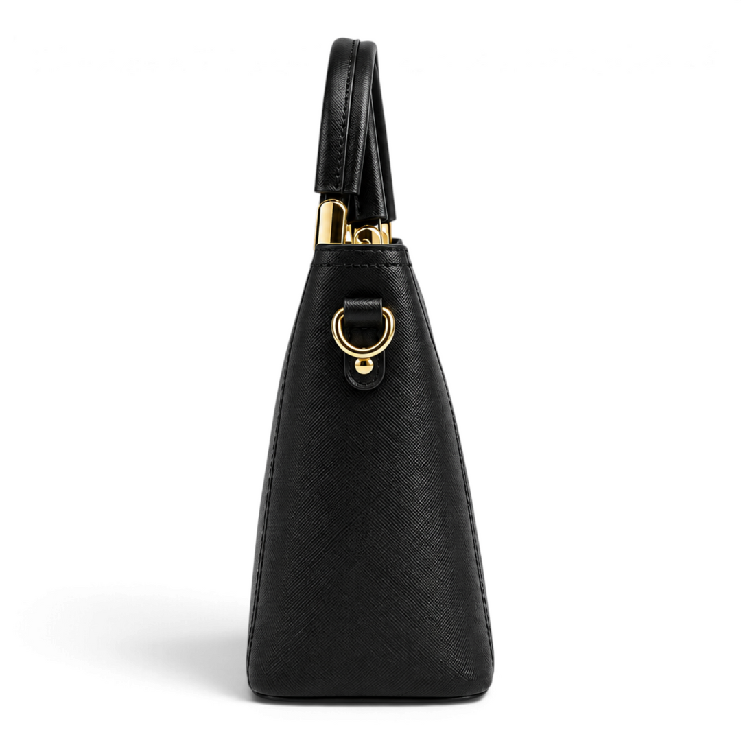 ada-shoes.ro Epica black saffiano faux leather handbag with gold metal hardware, side view showing handle and ring