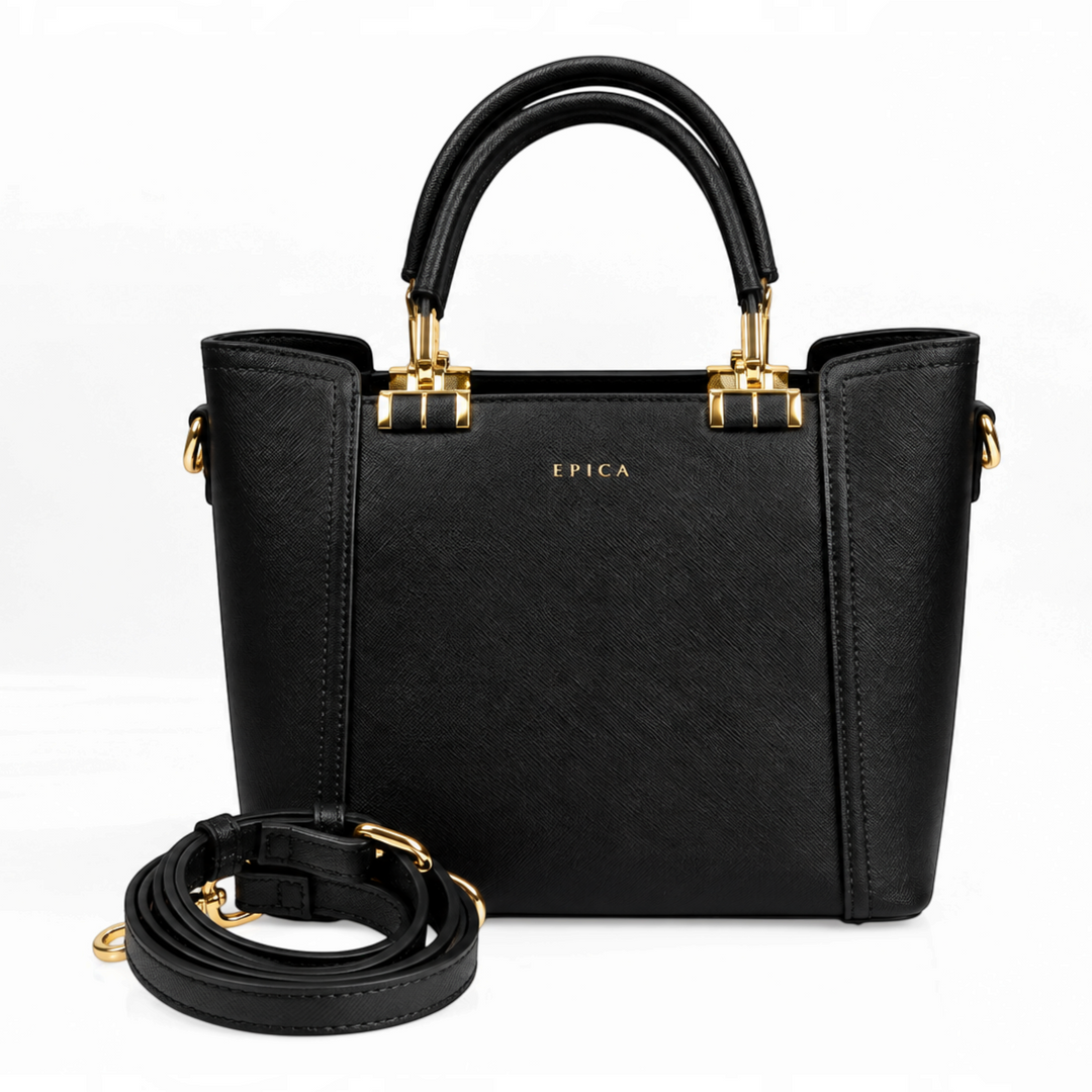 ada-shoes.ro Epica black saffiano faux leather handbag with gold hardware, top handles, and detachable shoulder strap.