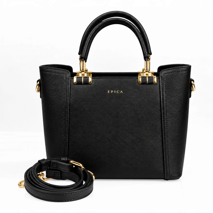 ada-shoes.ro Epica black saffiano faux leather handbag with gold hardware, top handles, and detachable shoulder strap.