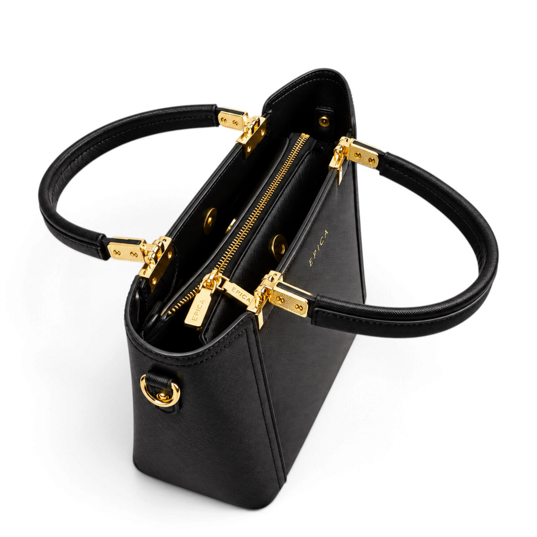 ada-shoes.ro Epica black saffiano faux leather handbag with gold metal hardware and top handles, top view