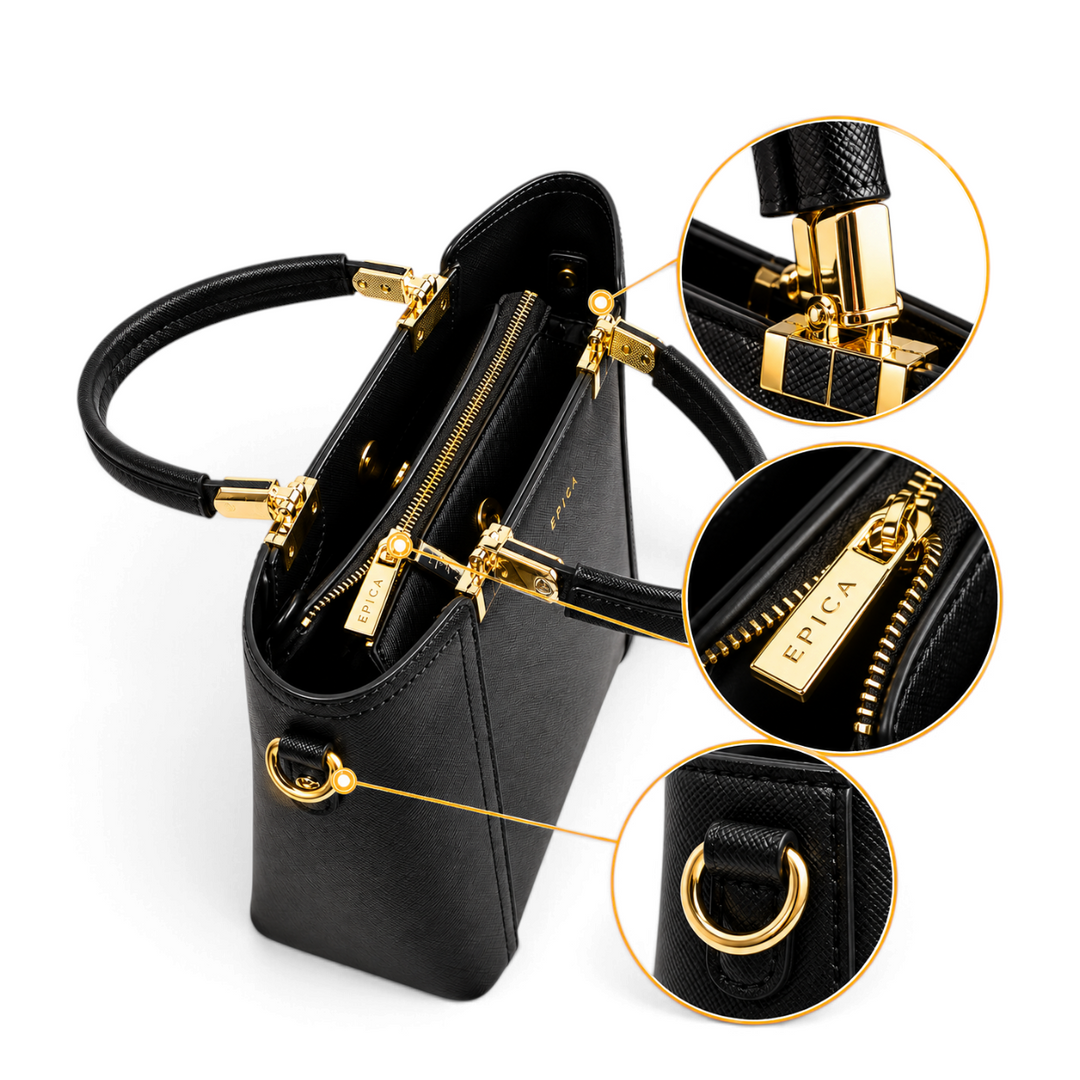 ada-shoes.ro Epica black saffiano faux leather handbag with gold metal hardware and detachable shoulder strap