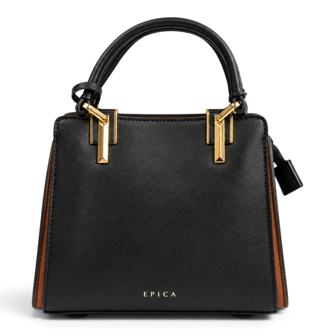 ada-shoes.ro Epica structured black faux leather handbag with brown side panels and gold-tone metal hardware