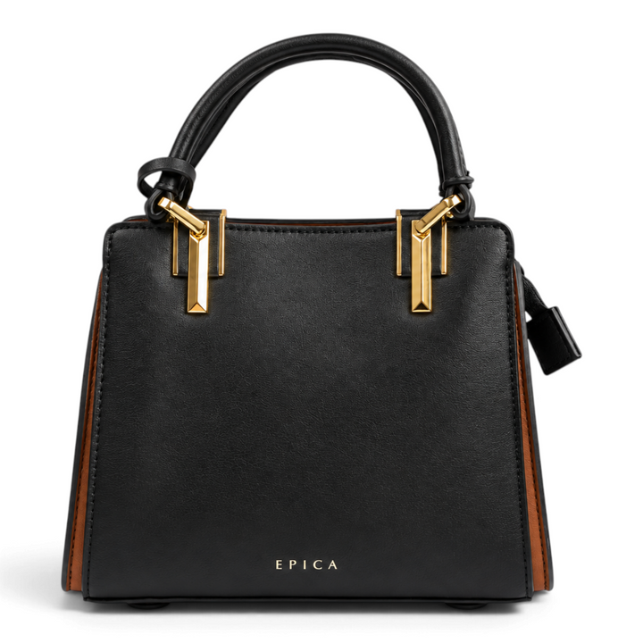 ada-shoes.ro Epica structured black faux leather handbag with brown side panels and gold-tone metal hardware