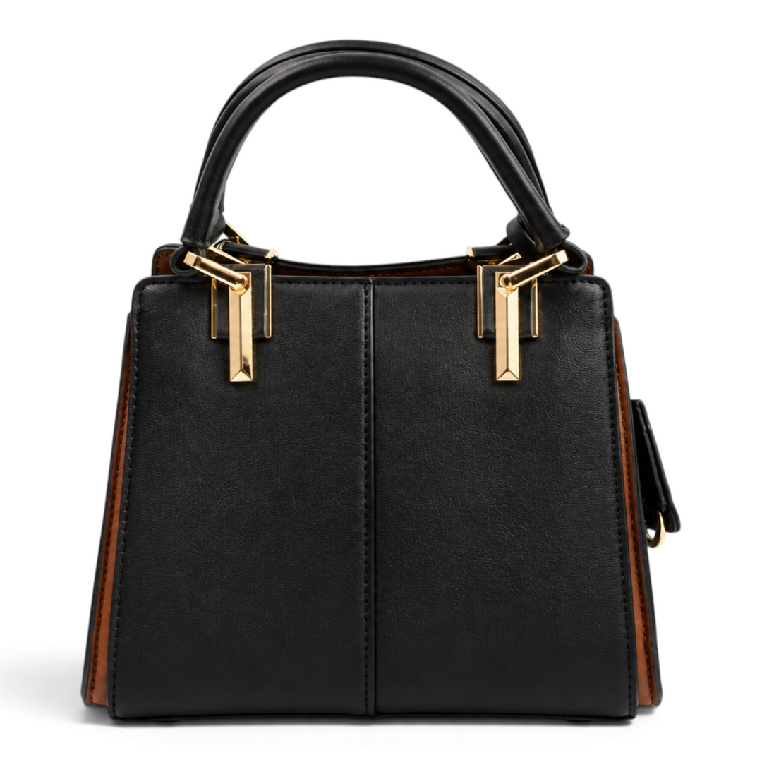 ada-shoes.ro Epica structured black faux leather handbag with brown side details and gold metal accents