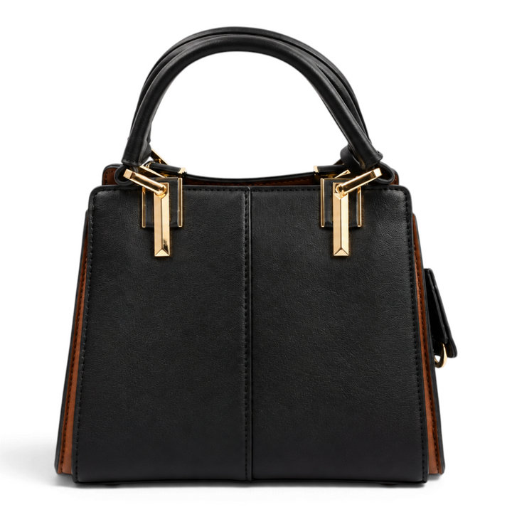 ada-shoes.ro Epica structured black faux leather handbag with brown side details and gold metal accents